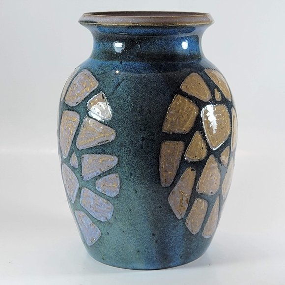 Handmade Vase Stoneware Pottery Turtle Shell Design Blue Glaze Signed - Picture 2 of 6